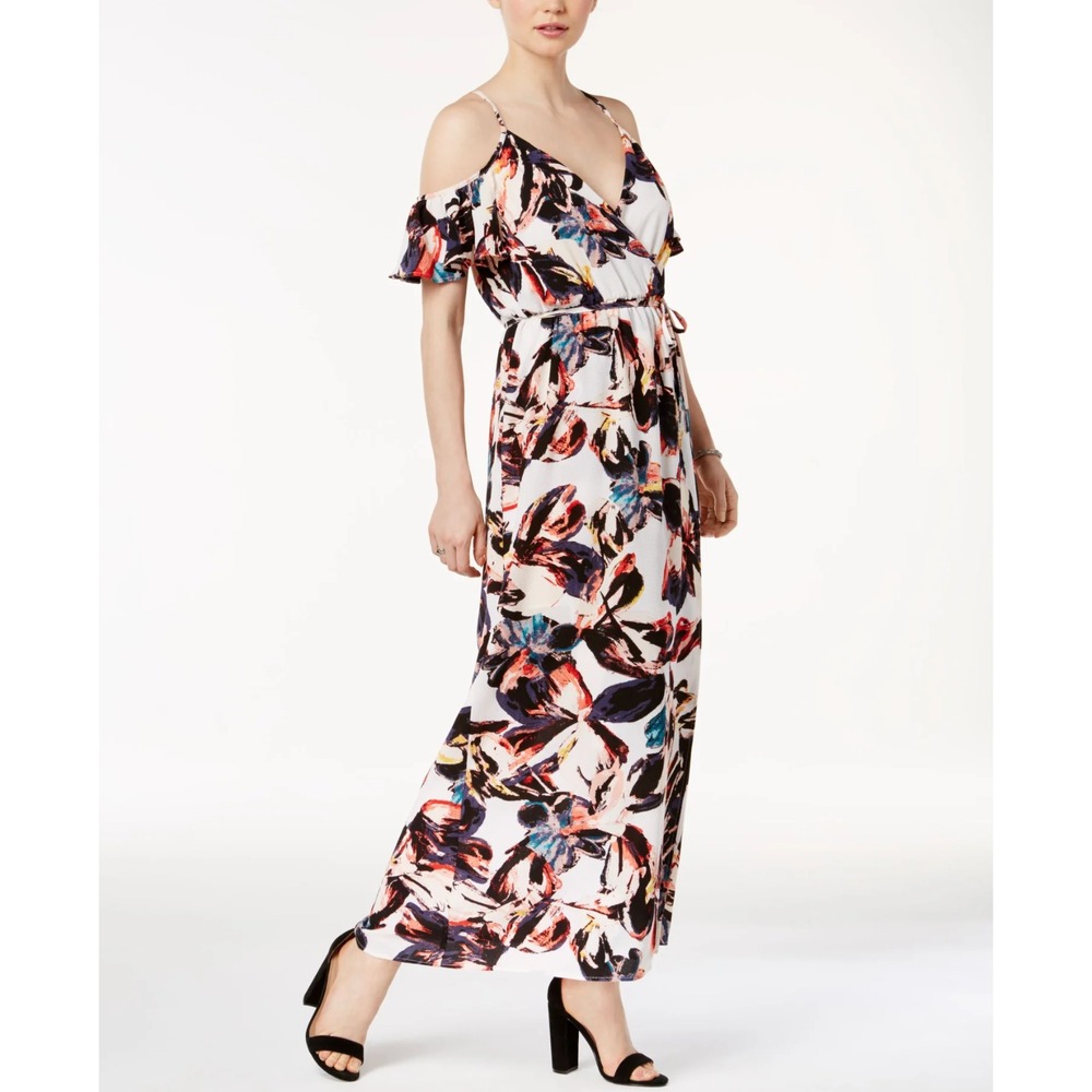 EUC Bar III Multi-Color Abstract Floral Cold Shoulder Maxi Dress Belted Size XL